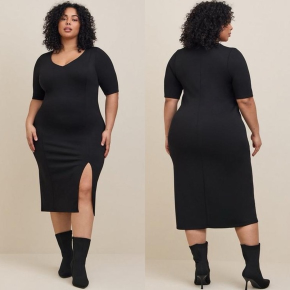 Torrid Midi Studio Cupro Slide Slit Bodycon Dress Black Short Sleeve LBD Size 2X - Picture 1 of 12